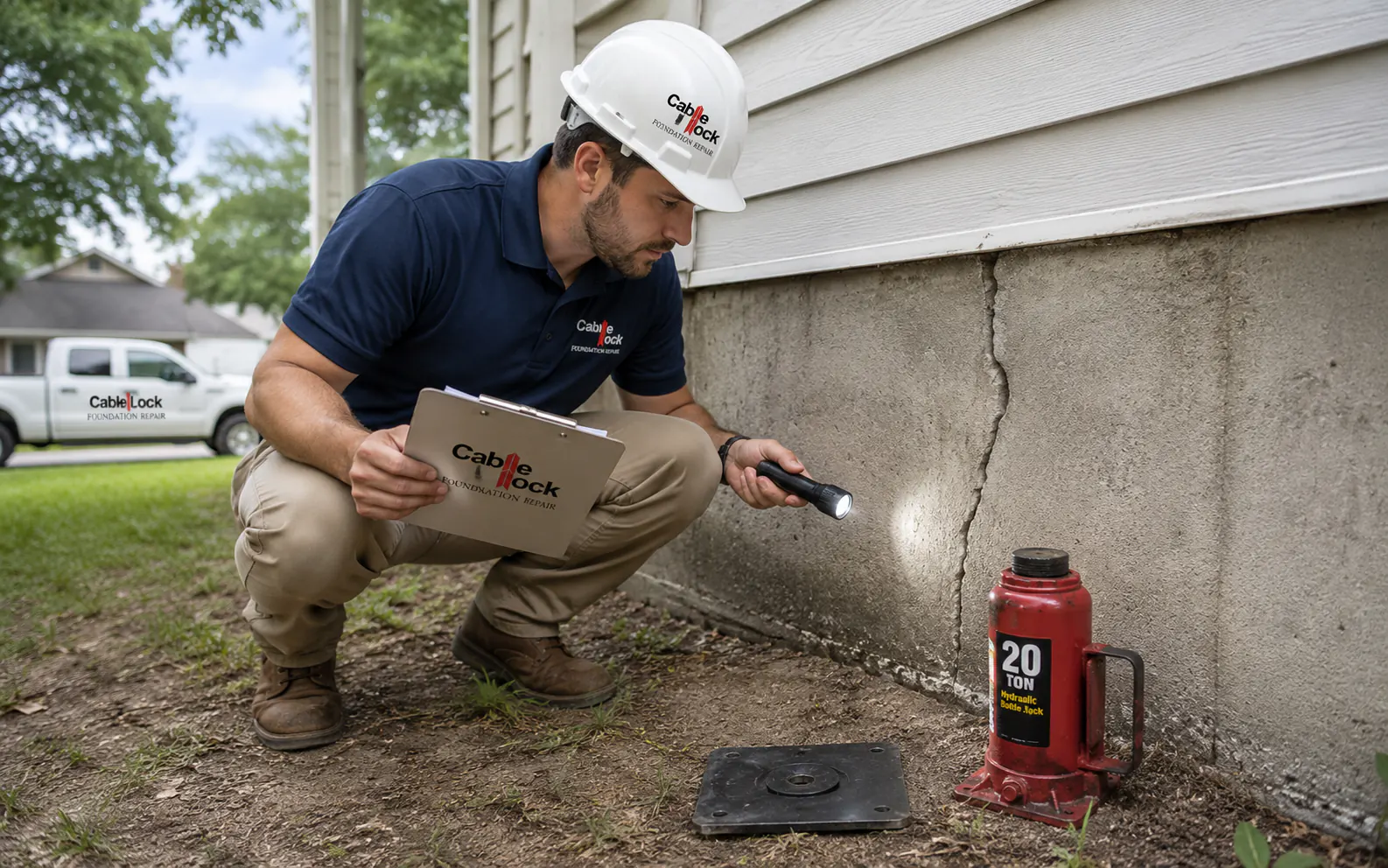 Technician examining a crack at a home foundation