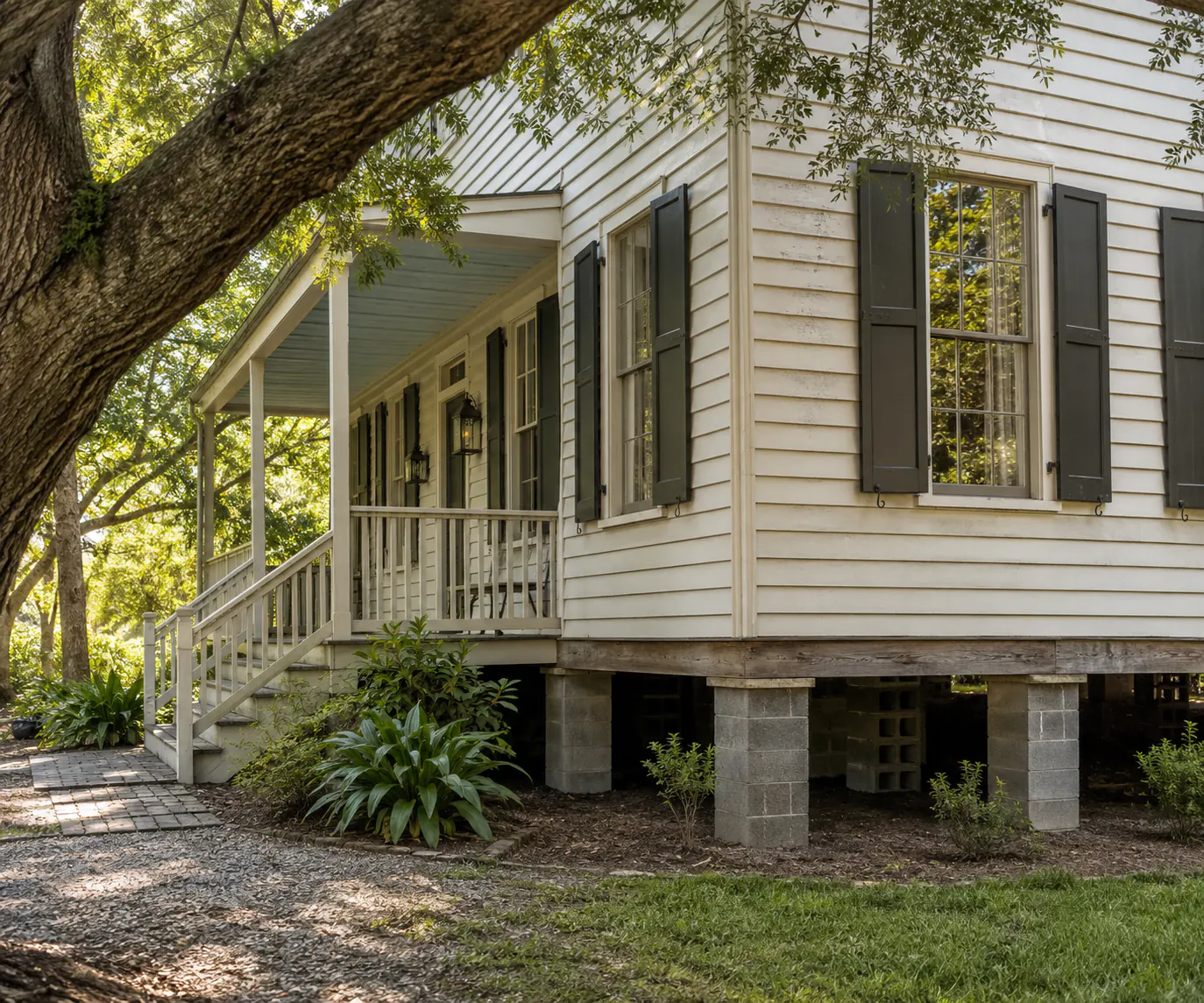 Louisiana foundation repair company evaluating a raised home with cinder block piers