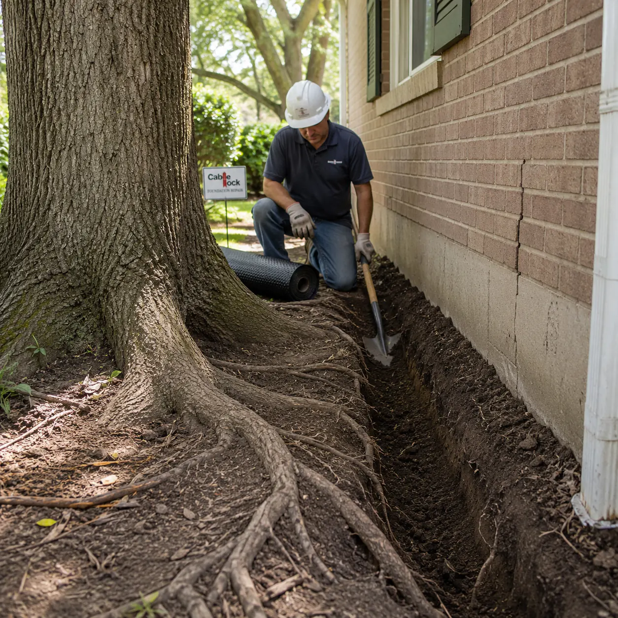 Louisiana clay soil and trees near a home foundation