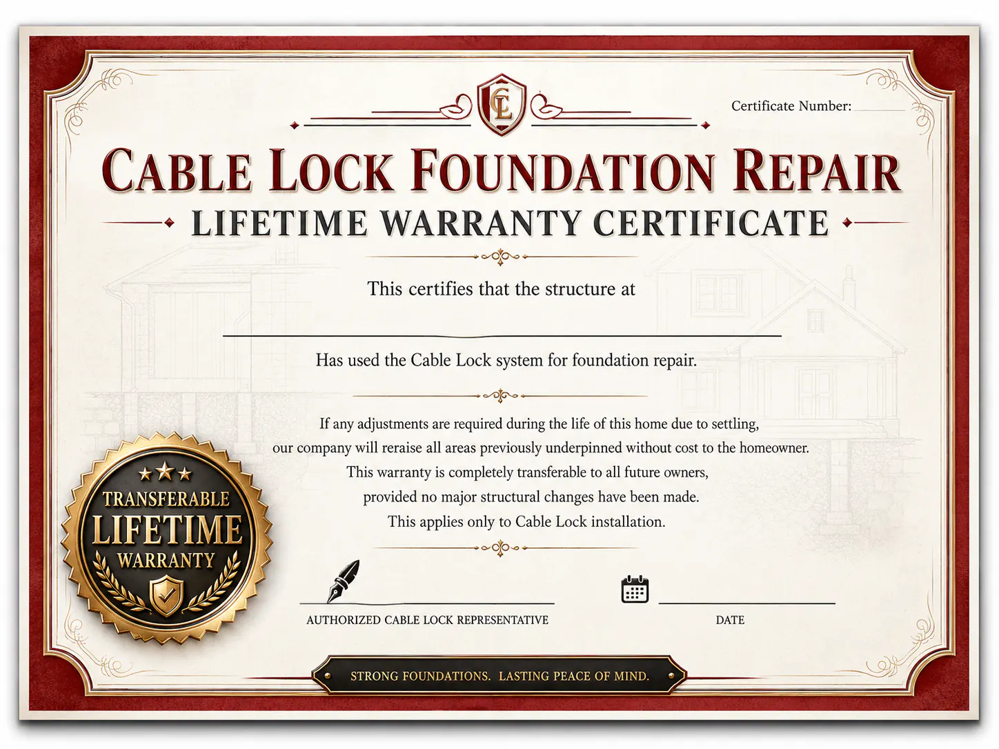 Cable Lock lifetime foundation warranty documentation for qualifying repair work